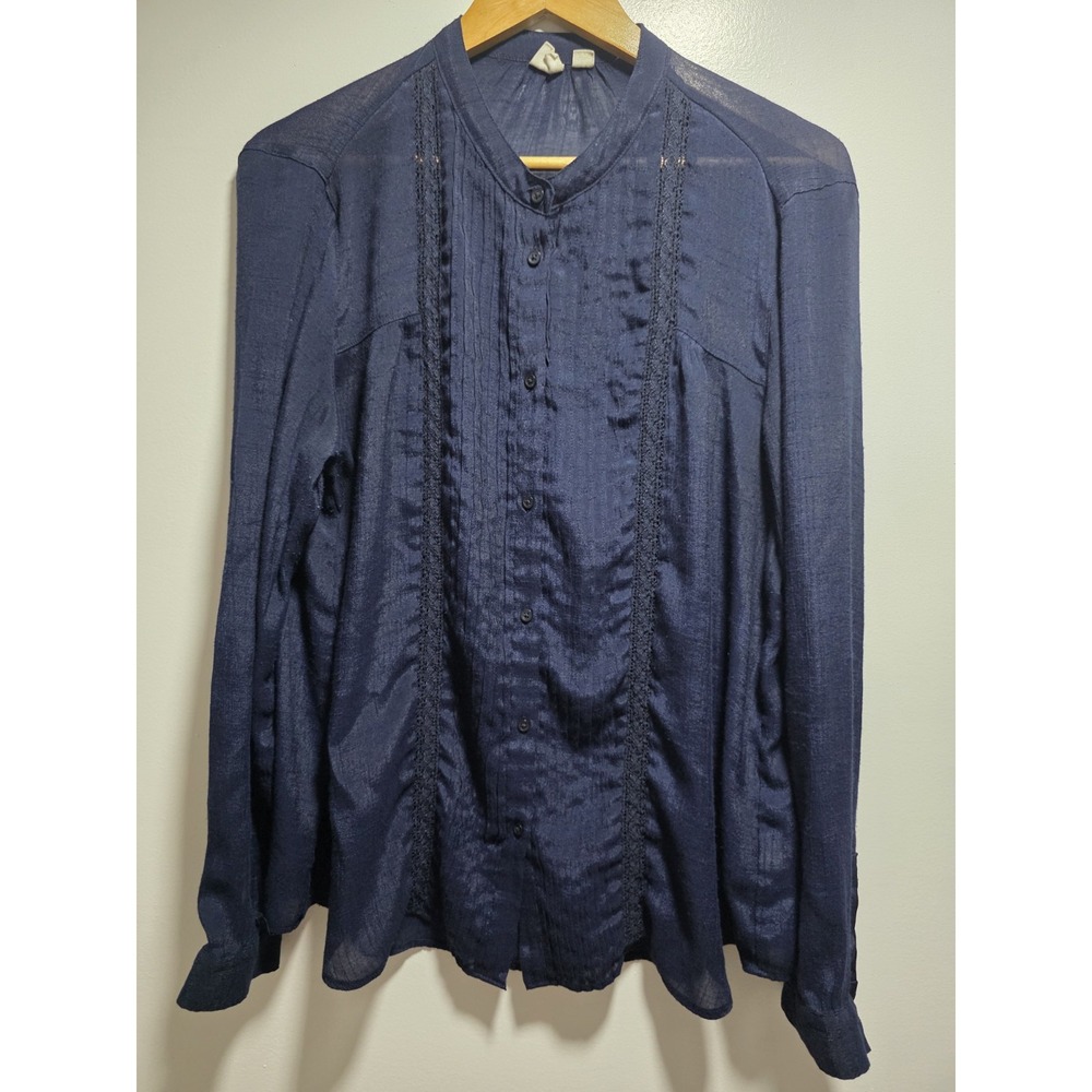 Gap Women's Blouse Navy Button up Long-Sleeve Pleated & lace front Size XL